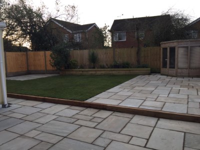 Indian Sandstone Patio with Timber Sleepers and Turf in Nuneaton (6) Indian Sandstone Patio with Timber Sleepers and Turf in Nuneaton (6)